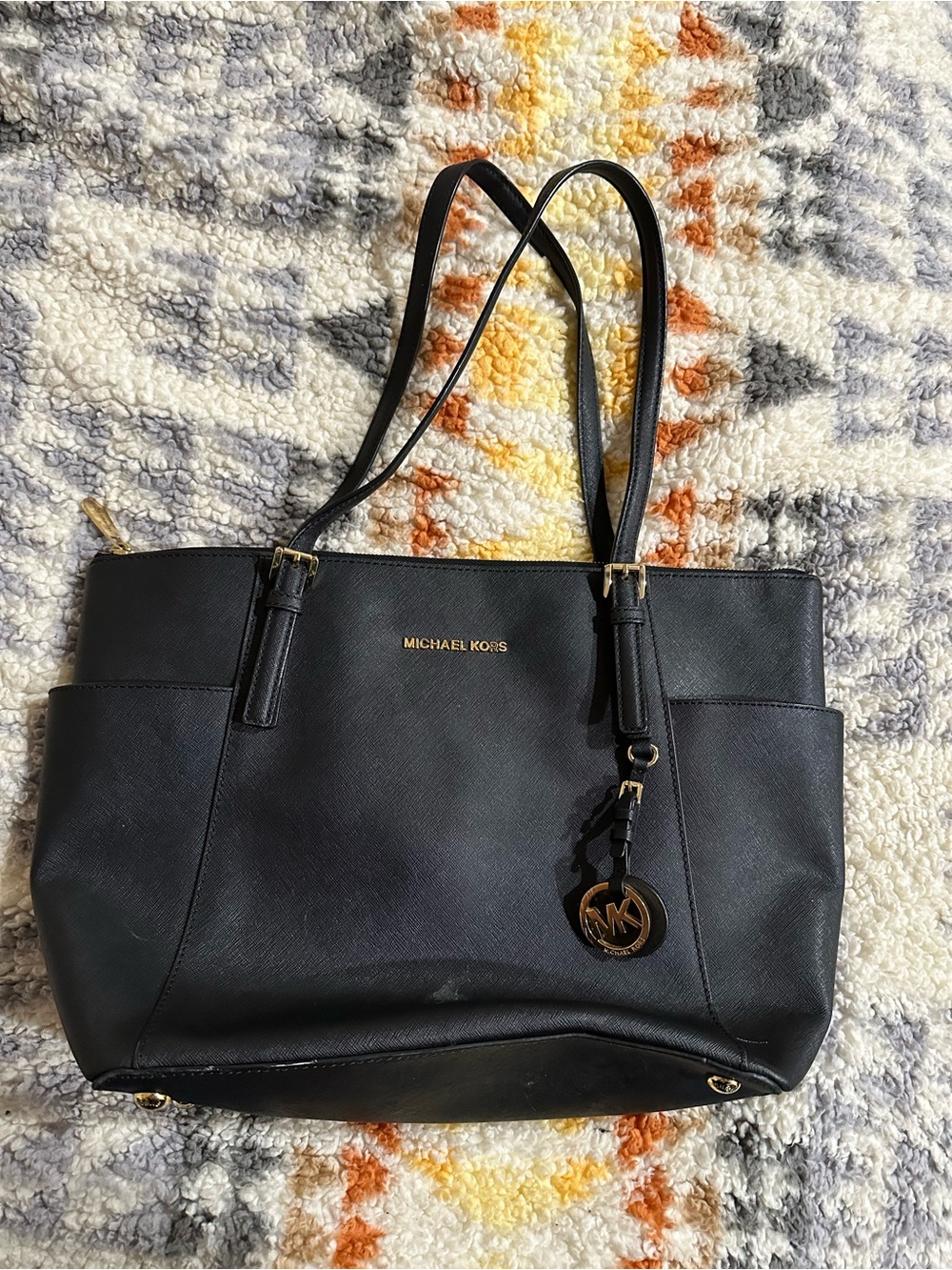 Michael Kors Black Saffiano Leather Tote Bag Gold MK Charm